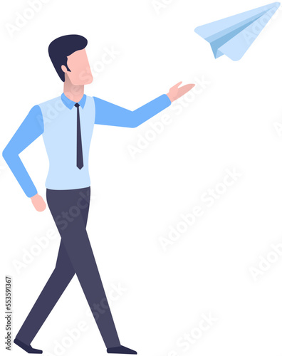 Man launches paper plane. Start new business, startup or entrepreneurship, creativity and inspiration to achieve business success concept, businessman throwing to launch big paper airplane origami