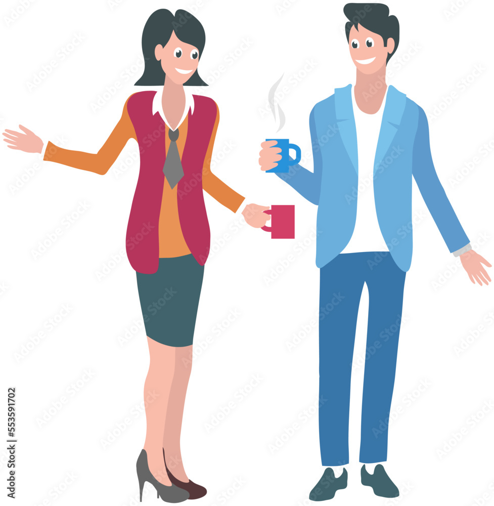 Communicating office workers or friends spend time together. Woman and man standing and talking. Colleagues, business people discussing work. Partners, company employee, characters have discussion Communicating office workers or friends spend time together. Woman and man standing and talking. Colleagues, business people discussing work. Partners, company employee, characters have discussion
