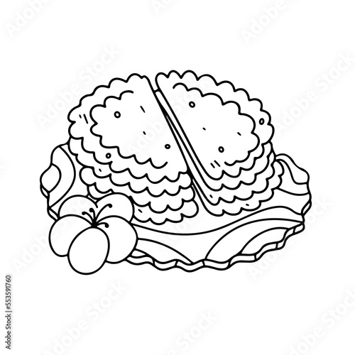 Latin American, mexican food. Traditional baked pastry empanadas with beef meat in hand drawn doodle style.