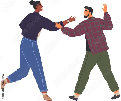 Husband and wife shouting, blaming each other of problem. Angry woman fights with nervous husband, family fighting. Man and woman quarreling relationships, unhappy young family fighting concept