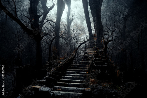Halloween horror scary old wooden stairs in foggy forest, ai generative art
