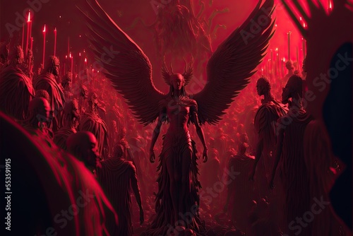 Fototapete A sea of red filled with demons and angels in pain and anguish