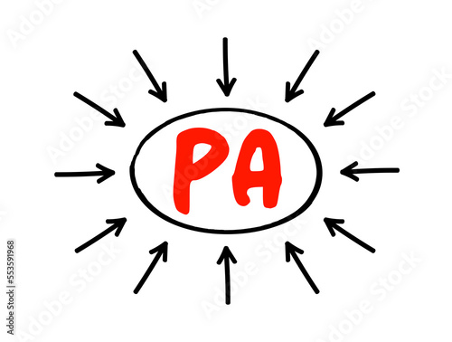 PA Purchasing Agent - consider price, quality, availability, reliability, and technical support when choosing suppliers and merchandise, acronym text concept with arrows
