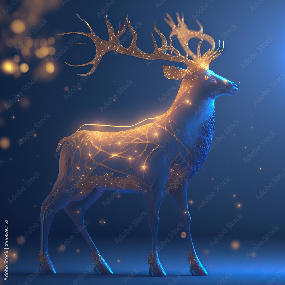 Magic golden reindeer isolated on blue background, christmas concept