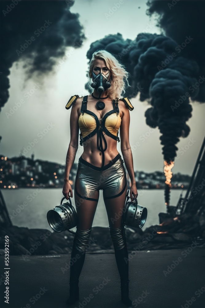 Naklejka premium Hot blonde with gas mask in dystopic landscape