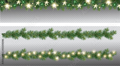 Vector border with green fir branches and with festive decoration elements on transparent background. Christmas tree garland with fir branches and lights.	
 photo