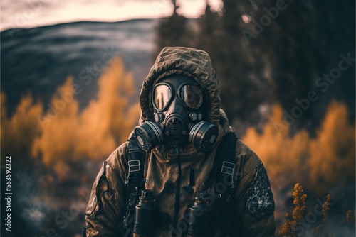 Person Wearing Gas Mask and Camo Hazmat Suit in the Norwegian Wilderness. Generative AI.