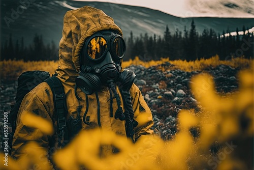 Man in yellow hazmat suit and black gas mask in the Norwegian wilderness photo