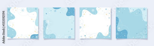 Winter holidays square templates. Christmas social media post with snow, snowflakes and winter background. Vector illustration for mobile apps, banner design and web ads, greeting cards, sale.