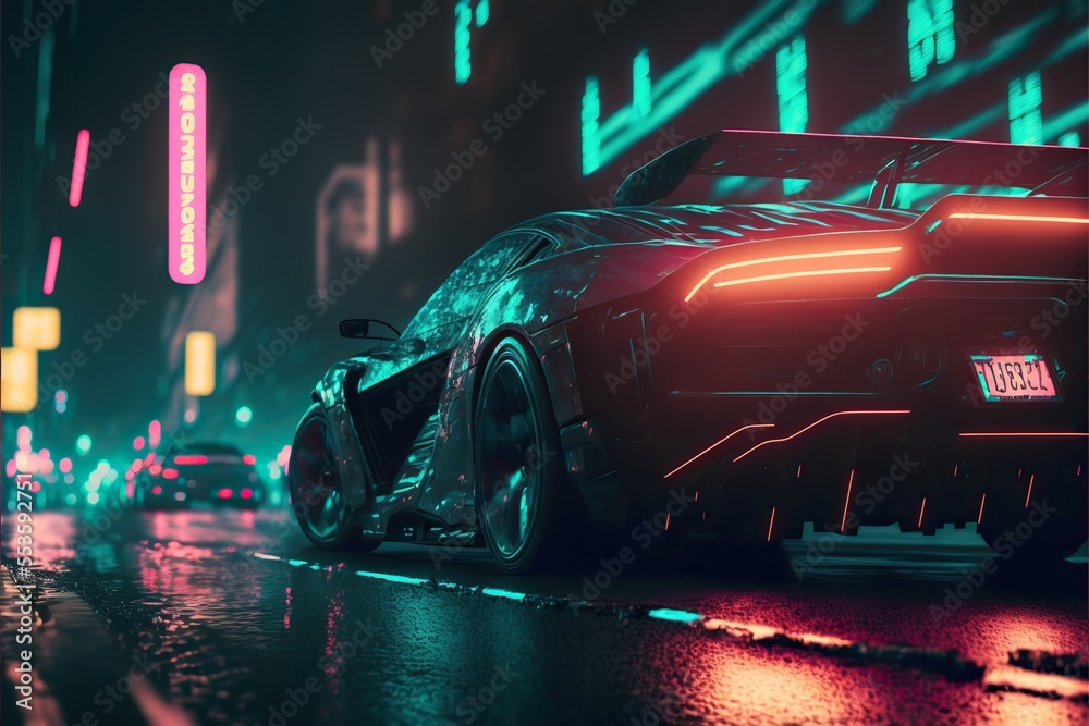 Sports concept car on future neon cyberpunk city street at night