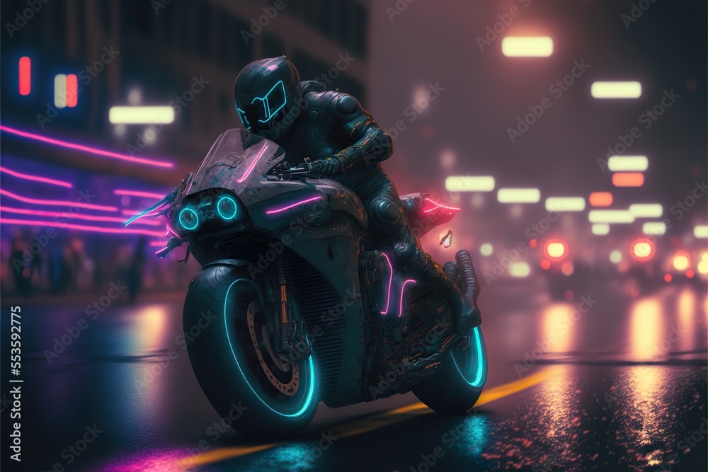 Motorcycle rider on future neon cyberpunk city street at night