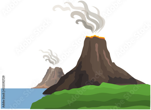 Strong jet of effluent hot lava. Erupting rock pinnacle volcano disaster with burning fire. Volcanic eruption mountain with magma in exotic village. Volcano with lava on tourist tropical island