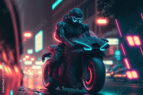 Motorcycle rider on future neon cyberpunk city street at night photo