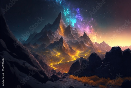 Mountain landscape scenery on starry night with cosmic nebula above mountains
