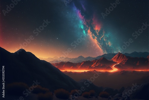 Mountain landscape scenery on starry night with cosmic nebula above mountains