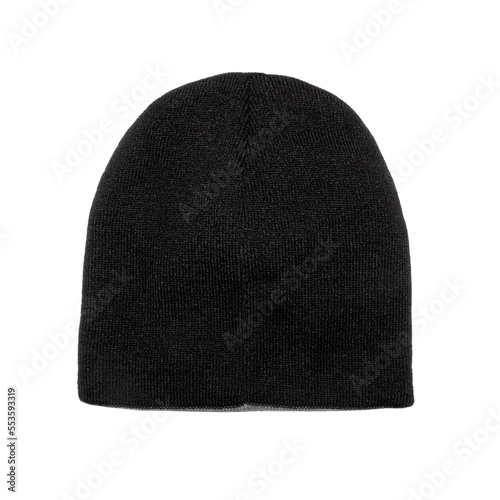 Knitted winter hat.Knitted cap made of wool winder on a white background.Knitted autumn-spring hat on the side.