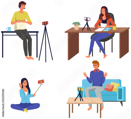 Bloggers man and woman recording video for blog. Video call podcast concept. People with smartphone talking to friend on screen at online meeting. Distance learning at educational platform with tablet