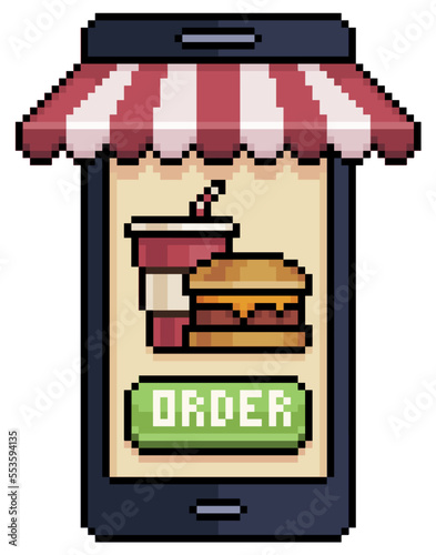 Pixel art mobile phone ordering hamburger and soda in food app vector icon for 8bit game on white background
