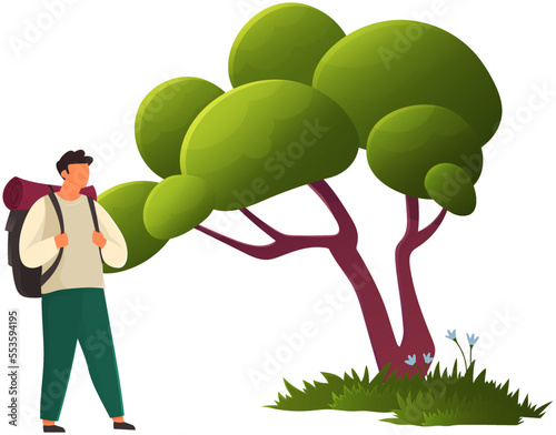 Tourist with backpack walks on green meadow in summer weekend. Adventure and journey. Active lifestyle male character backpacker in vacation walking in nature, happy leisure time