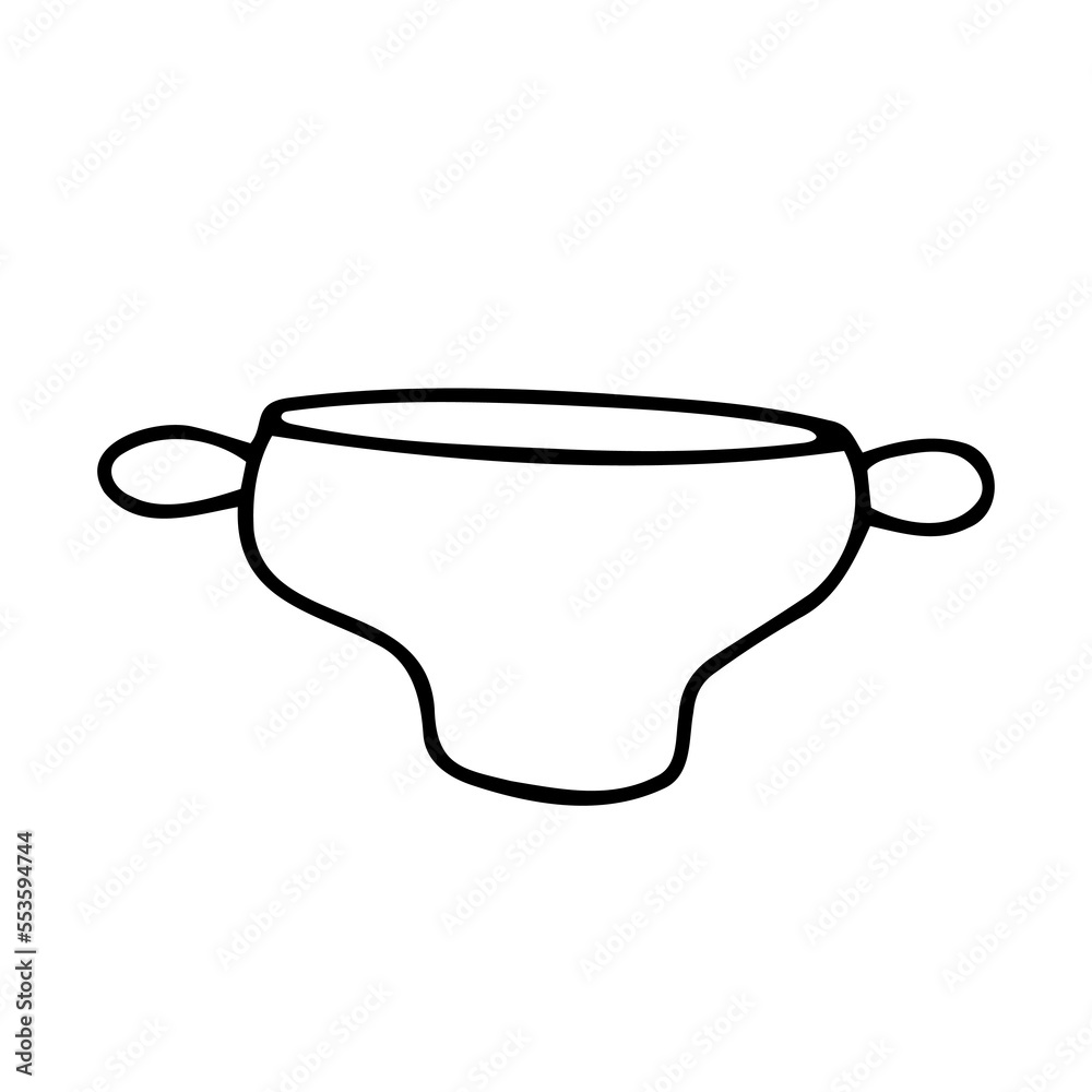 Doodle pot simple image. Outline saucepan isolated on white background. Cozy kitchen utensils, cute kitchenware, dishes for soup, cooking, oven. Vector line home, restaurant culinary illustration