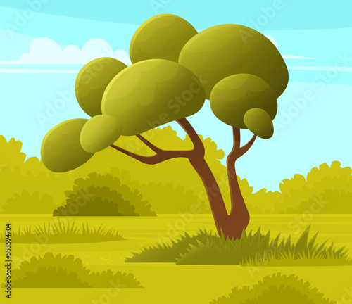 Green tree, plants on lawn in forest. Beautiful leaves, bushes, grass on glade. Spring time landscape. Natural environment. Ecology garden template. Scene with single tree against blue sky and sward
