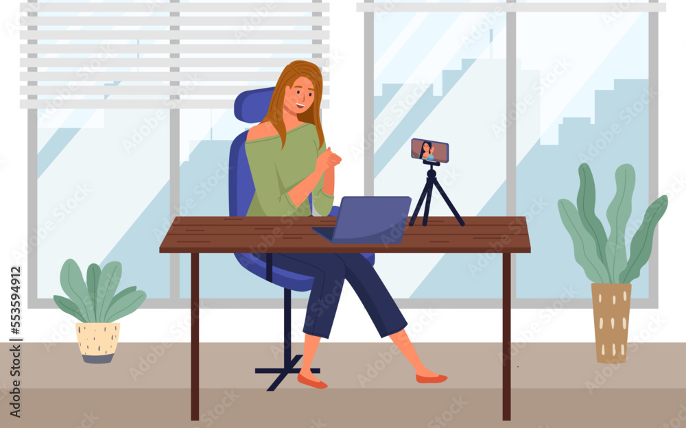Podcaster woman character in office room interior. Girl listening audio podcast and speaking at live streaming use smartphone and laptop on her vlog. Podcaster making, blogger, technology concept Podcaster woman character in office room interior. Girl listening audio podcast and speaking at live streaming use smartphone and laptop on her vlog. Podcaster making, blogger, technology concept