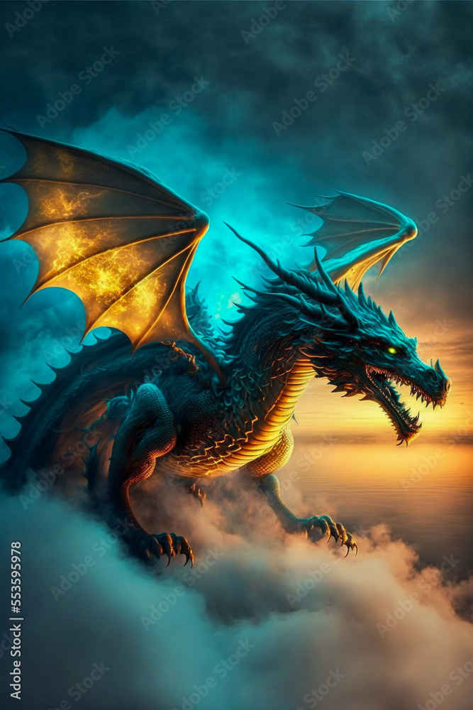Illustration of dragon in the colourful glow, mist and fire. Ai generated content Illustration of dragon in the colourful glow, mist and fire. Ai generated content