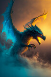 Illustration of dragon in the colourful glow, mist and fire. Ai generated content