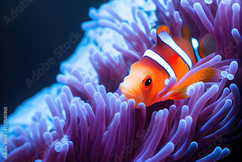 Cute clownfish under water in sea anemone (Generative AI)