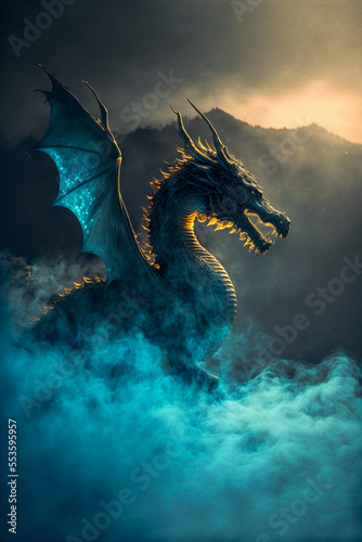 Illustration of dragon in the colourful glow  mist and fire. Ai generated content