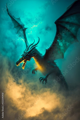 Illustration of dragon in the colourful glow, mist and fire. Ai generated content