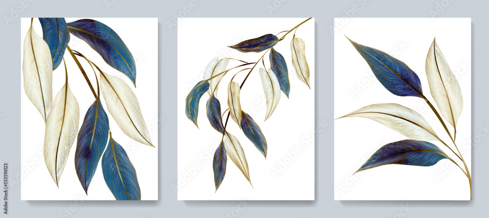 Abstract luxury art background with exotic tree leaves in blue and white colors in gold line style. Botanical watercolor set for wallpaper design, decor, print, interior design. Abstract luxury art background with exotic tree leaves in blue and white colors in gold line style. Botanical watercolor set for wallpaper design, decor, print, interior design.