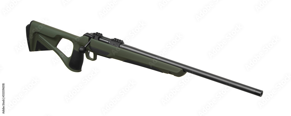 Rifle with plastic stock. Weapons for sports, hunting and self-defense. Modern bolt carbine isolated on white back. Rifle with plastic stock. Weapons for sports, hunting and self-defense. Modern bolt carbine isolated on white back.