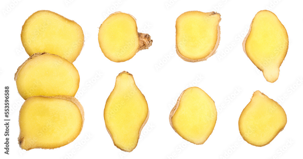 slice of fresh Ginger root isolated on white background with copy space for your text. Top view. Flat lay slice of fresh Ginger root isolated on white background with copy space for your text. Top view. Flat lay
