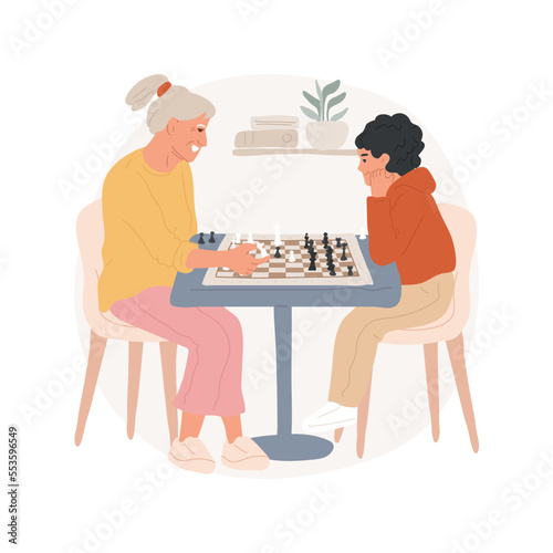 Chess isolated cartoon vector illustration. Senior woman and her grandson playing chess, people spending time together, mind challenge, mental development, leisure activity vector cartoon.