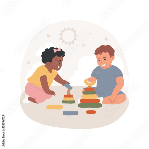 Pyramid toy isolated cartoon vector illustration. Little babies playing with educational pyramid toys, early learning, brain games, mental development, leisure activity vector cartoon.