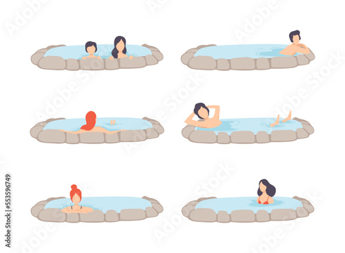 People Characters Enjoying Outdoor Thermal Spring Relaxing in Hot Water Vector Set