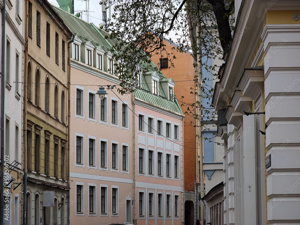 Architecture of the Old Town in Riga, Latvia. Modern exterior of buildings.