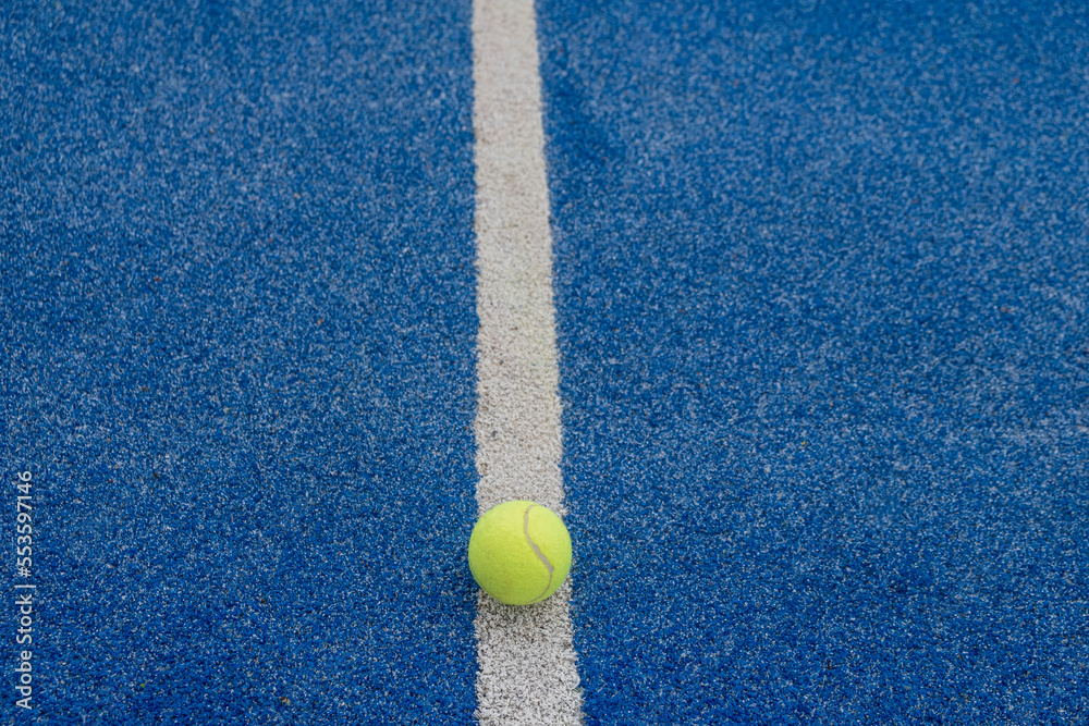 a ball on the division line of a blue paddle tennis court