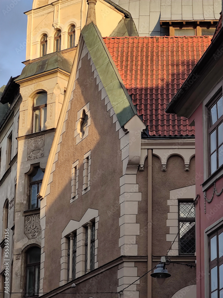 European architecture of Old town of Riga Latvia. Buildings in sunlight.
