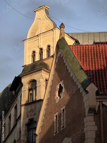 European architecture of Old town of Riga Latvia. Buildings in sunlight.