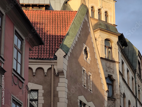 European architecture of Old town of Riga Latvia. Buildings in sunlight.