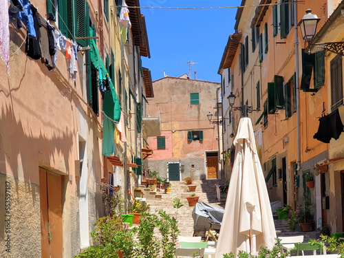 A typical street of Portoferraio with houses where the clothes of the inhabitants are drying.