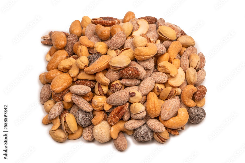 A group of almonds, pistachios, walnuts, macadamia, cashews.