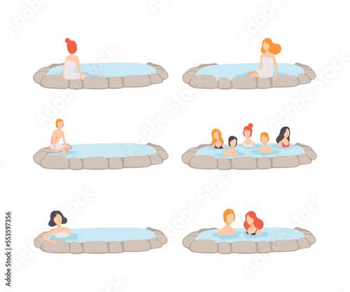 People Characters Enjoying Outdoor Thermal Spring Relaxing in Hot Water Vector Set