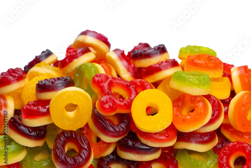 Assorted colorful gummy candies. Top view. Jelly donuts. Jelly bears. Isolated on a white background.