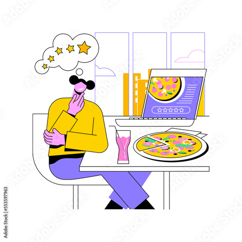 Writing review isolated cartoon vector illustrations. Restaurant critic reviewing food and drinks using laptop, food blogger giving recommendations, eating out in cafe vector cartoon.