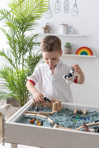 Cute baby boy playing sensory box kinetic sand table with farm animals photo