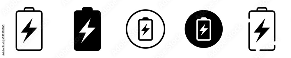 Conjunto de iconos de batería. Almacenador de energía. Concepto de cargar batería. Ilustración vectorial Conjunto de iconos de batería. Almacenador de energía. Concepto de cargar batería. Ilustración vectorial
