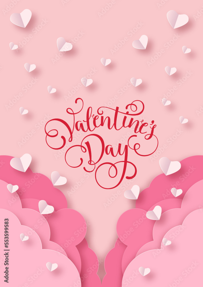 Banner with pink sky and paper cut clouds. Place for text. Happy Valentine's day sale header with hearts. Rose cloudscape border frame pastel colors. Vector illustration. 